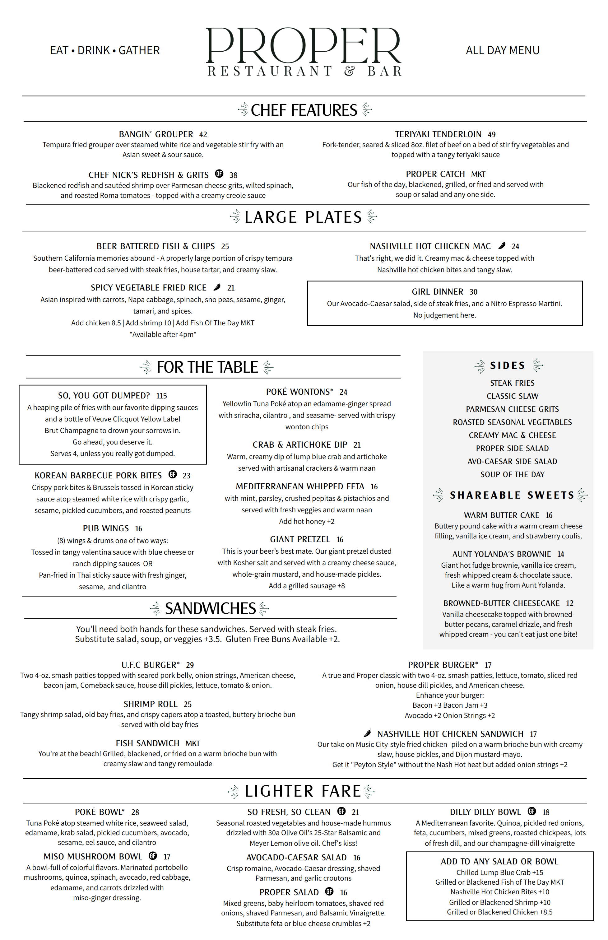 A printed restaurant menu from Proper Restaurant & Bar with the restaurant name at the top, a large chef features section, itemized dishes, side suggestions, sandwiches, lighter fare, and a note to add to salad or bowl. The page is mostly white with black and gray text and small decorative line elements.