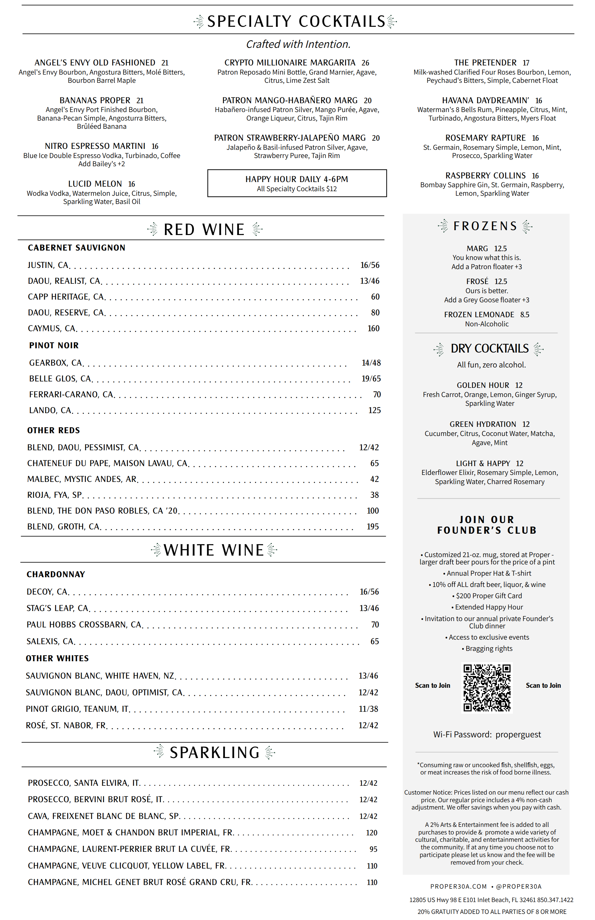 A printed cocktail and mixed drink menu page with sections for Specialty Cocktails, Red Wine, White Wine, Sparkling, and Frozen drinks, including drink names, prices, and descriptions on a white background.
